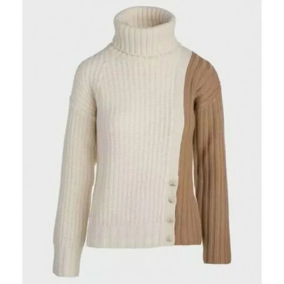 NAADAM Rib Knit  Wool-Cashmere-Blend Color Block Buttoned Turtleneck - Picture 1 of 9